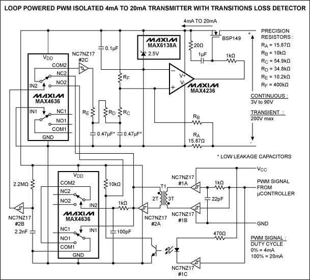 PWM-controlled 4–20mA transmit,Figure 2. Adding a transitions-loss detector to the Figure 1 circuit eliminates the brief output uncertainty that can accompany a power-up, power-loss, or loss of input signal.,第7张