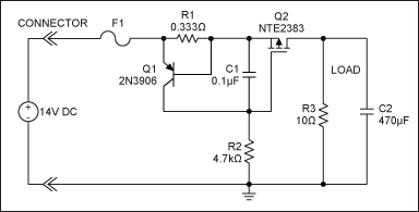 Advantages of IC-based hot-swa,Figure 2a. Another hot-swap circuit implements current sensing and 2A limiting with a PNP transistor (Q1). This is illustrated by the turn-on waveforms in Figure 2b.,第4张