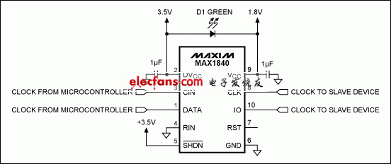 Green LED Replaces LDO Regulator,Figure 1. For low-power loads, a single green LED (D1) replaces a 1.8V LDO regulator in this level-translator circuit.,第2张