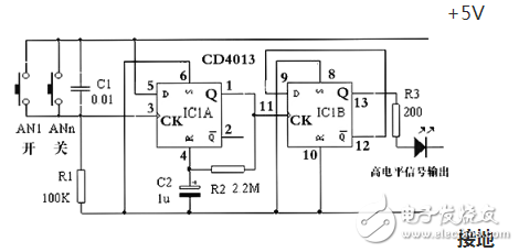CD4013集成电路信号传送特性及应用电路（多地控制灯开关）,CD4013集成电路信号传送特性及应用电路（多地控制灯开关）,第2张