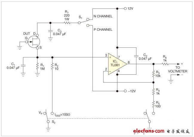 确定JFET特性的简单电路,图2,在DUT源极电阻R1和R2之间做选择，可以测量出截止电压和零漂漏极电流,第3张