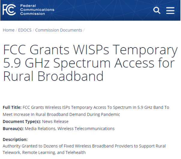 FCC已批准了33个WISP临时使用5.9GHz频段的权限,FCC已批准了33个WISP临时使用5.9GHz频段的权限,第2张