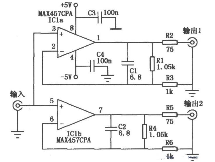 采用MAX457构成的双路视频放大电路图,第2张