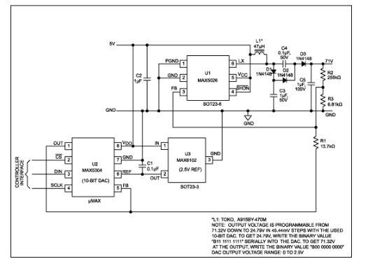 基于ADC进行数字控制的低噪声APD偏置电路实现案例,图5. 这个低噪声APD偏置电源的输出电压可数字编程，从25V至71V，步长45mV。,第6张