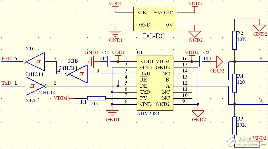 基于74HC14芯片与ADM2483芯片实现RS-485接口的信号隔离自收发设计,基于74HC14芯片与ADM2483芯片实现RS-485接口的信号隔离自收发设计,第3张
