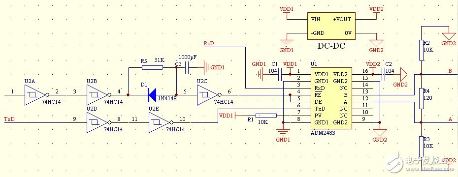 基于74HC14芯片与ADM2483芯片实现RS-485接口的信号隔离自收发设计,基于74HC14芯片与ADM2483芯片实现RS-485接口的信号隔离自收发设计,第6张