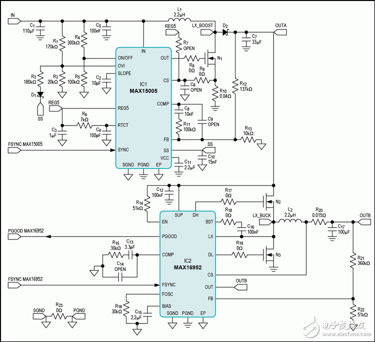前端“预升压” 美信车载电源系统供电设计,图2. 开关电源原理图。,第3张