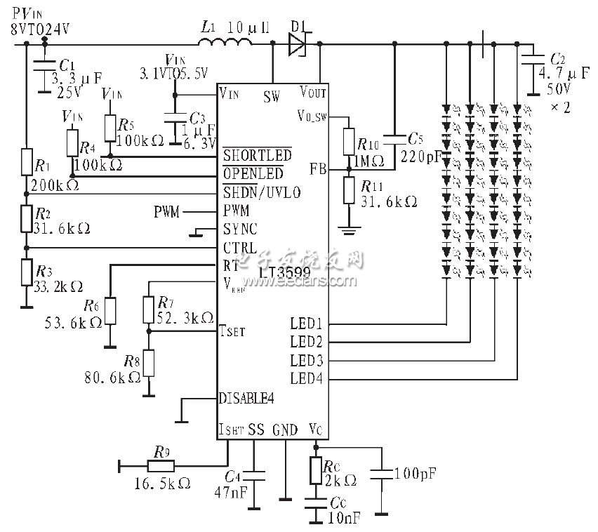 液晶显示器的LED背光驱动控制设计方案,图2 LT3599 典型应用电路,第3张