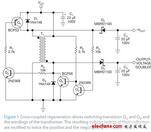 互补管对DCDC转换器实现倍压与负电源方法,图1 交叉耦合地可再生驱动开关晶体管Q1和Q3以及变压器绕组。在各自集电极获得的电压摆幅经整流后，就得到了两倍的正电压，以及负的电源轨。,第2张