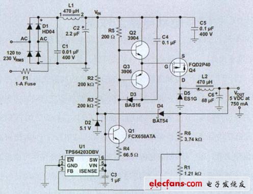 用于智能电表的非隔离式ACDC降压转换器,图 1 AC/DC 降压转换器电路,第2张