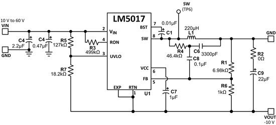 基于 LM5017 的反相升降压电路支持负电源, 10V~60V 输入至 -10V 输出、300mA 反相升降压应用电路,第4张