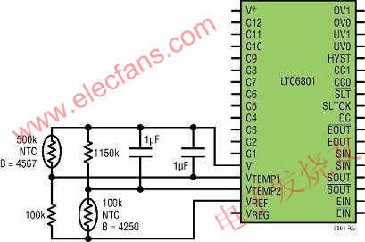 利用LTC6801进行电池管理系统 (BMS) 的故障监视,粗略温度检测有可能通过到内部电压比较器的两个温度输入引脚完成 www.elecfans.com,第6张