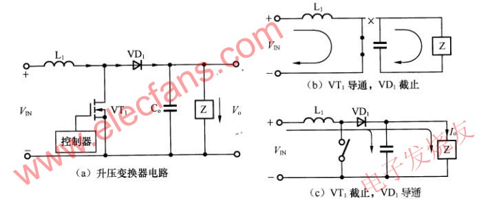 基于电感升压开关型变换器的LED驱动电路,电感升压变换器基本电路及其工作原理图 www.elecfans.com,第2张