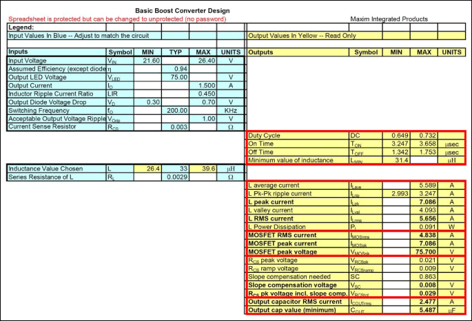 112W长串LED boost驱动器的全陶瓷电容方案,图5. 设计表格提供了MOSFET和电感的峰值电流和RMS电流。欲索取设计表格，请联系Maxim在当地销售机构。,第5张