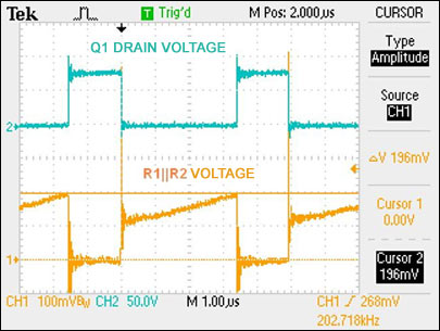 112W长串LED boost驱动器的全陶瓷电容方案,图6. 开关MOSFET的电压和检流电阻的电压,第6张