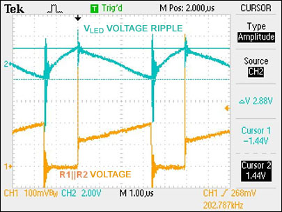 112W长串LED boost驱动器的全陶瓷电容方案,图11. LED电压(交流耦合)和MOSFET检流电压,第11张