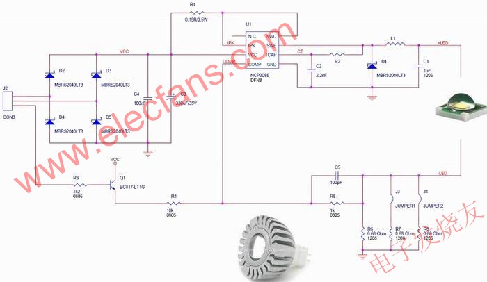 基于交流或直流电源的LED驱动电路设计,安森美半导体NCP3065在LED恒流降压控制应用中的示意图 www.elecfans.com,第6张