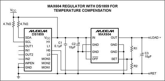基于可变电阻和温度索引查找表(LUT)的稳压器输出补偿,图2. MAX604温度补偿电路,第3张