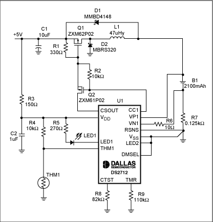 USB端口对NiMH电池智能充电的实现,Figure 7. Schematic shows a single-cell NiMH charging from a USB port.,第8张