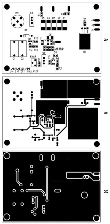 The quick guide to layout cons,Figure 3. Component placement on the board. Component reference numbers in Figures 3A, 3B, and 3C are shown in the layout of Figure 2. Figure 3A. Li+ battery simulator circuit, 2-layer board, component placement. Figure 3B. Li+ battery simulator circuit, 2-layer board, top layer. Figure 3C. Li+ battery simulator circuit, 2-layer board, bottom layer. ,第4张