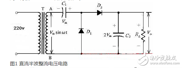 什么叫倍压整流电路？倍压整流电路的工作原理是什么？,正半周时，D1导通，D2截止，电容器C1充电到Vm，其电流路径及电容C1的极性如上图（a）所示。,第2张