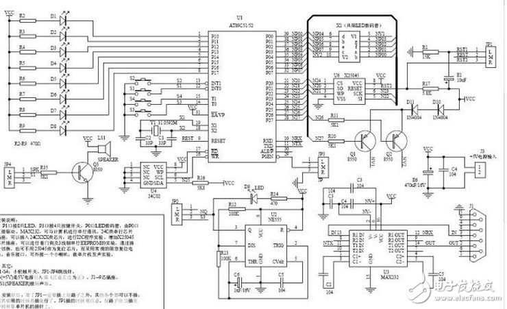 51单片机实验板该如何制作？,P1口仍接8只LED，P3口仍接4只按键开关，P0口和P2口仍接2只LED数码管，但改为由P0口直接驱动。与原板完全兼容。新增：MAX232，可与计算机进行串行通讯，将来会考虑加入MON51支持。24C类串行芯片插座，可以插入24CXXX类芯片，进行I2C程序实验。增加X25045芯片插座，可以进行看门狗及3线制串行EEPROM的实验，通过插针切换，也可不用25045作为复位芯片，而采用常规的阻容复位电路。音乐接口，可外接一个小喇叭，做单片机发声实验。版主打算就用这块板替代原实验板，并用它为蓝本编一些C语言讲座。,第2张