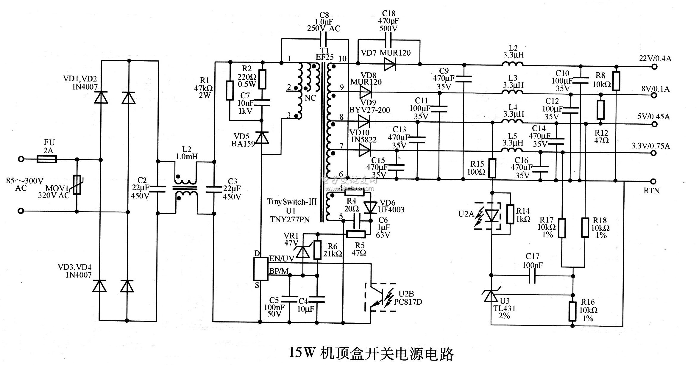 15W机顶盒开关电源电路,　　如图为15W机顶盒开关电源电路。该多路输出开关电源具有出色的交叉调整率，两路输出加权稳压。符合CEC能源之星2008对工作模式效率的要求(要求为68.1%，可达到77%)，空载功耗低(在230V AC交流输入时小于150mW)，符合ClSPR-22/EN55022B对EMI限制的要求，并具有自动重启动和无限制的短路输出保护功能。,第2张