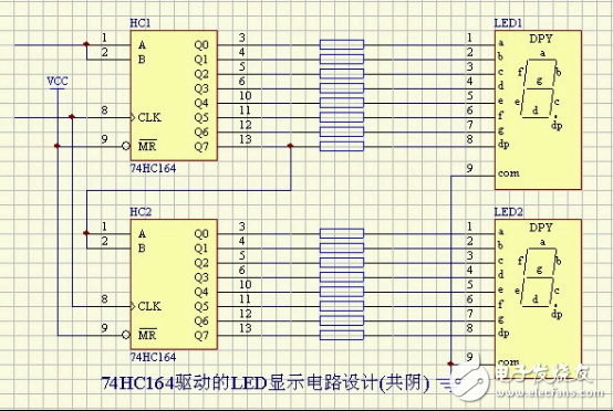 十几种常用led驱动电路图,74HC164驱动的LED显示电路设计(共阴),第5张