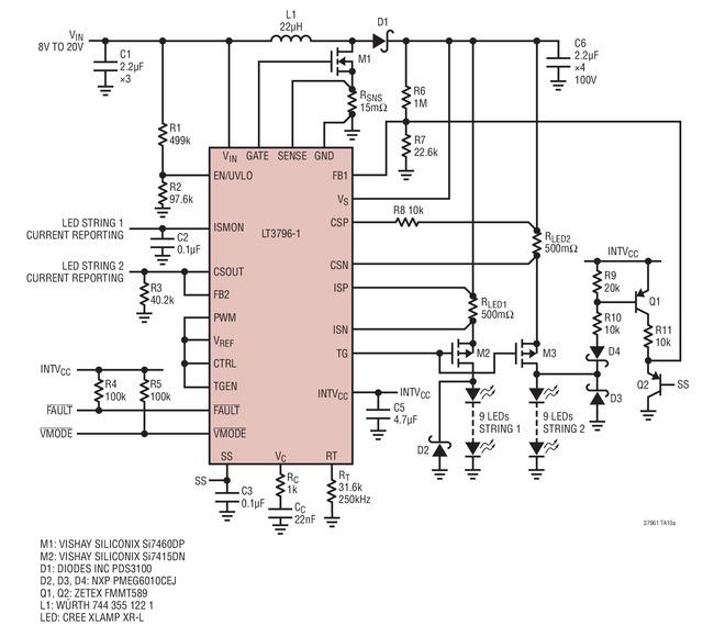 LT3796 升压 LED 驱动器用于两串 LED 并具故障 LED 检测和保护功能,第2张