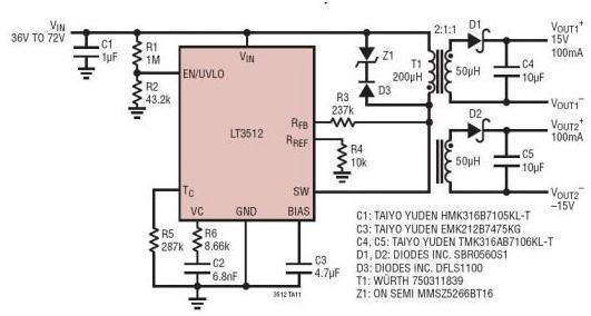 48VIN 至 ±15VOUT100mA 单片式隔离反激式转换器 (无光耦合器或第三个绕组),第2张