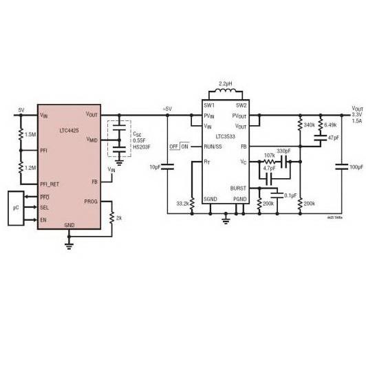 采用两个超级电容器从 5V 峰值功率和后备电源提供 3.3V1.5A 输出,第2张