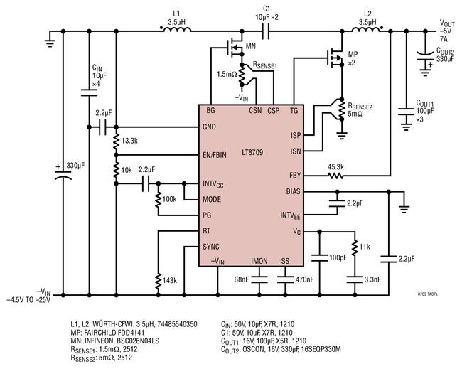 LT8709 在 250kHz、宽输入范围、降压-升压型转换器产生一个 –5V 输出和高达 7A 输出电流,第2张