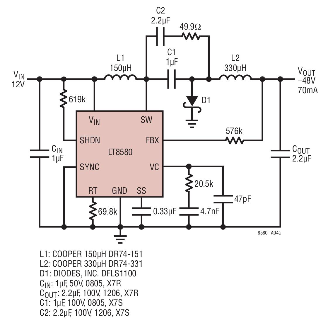 LT8580 1.2MHz 负输出转换器可从 12V 输入产生 –48V 输出,第2张