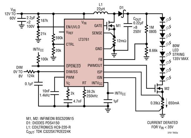 LT3761 80W 高压升压型 LED 驱动器具 25：1 内部产生的 PWM 调光,第2张