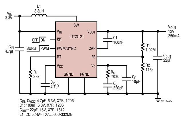 LTC3121 3.3V 至 12V、2MHz 同步升压型转换器具输出断接功能 (250mA),第2张