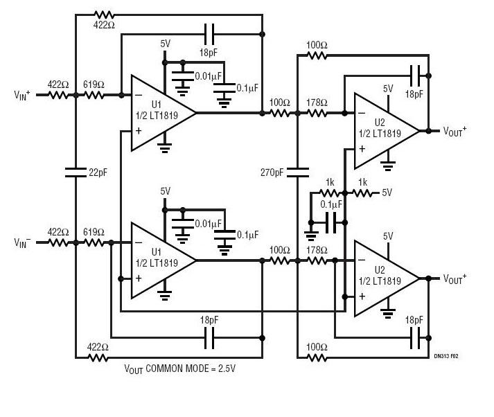 LT1819电路适当增加器件数目和降低组件灵敏度可换取20MHz的差分输入差分输出电路,LT1819电路适当增加器件数目和降低组件灵敏度可换取20MHz的差分输入差分输出电路,第2张