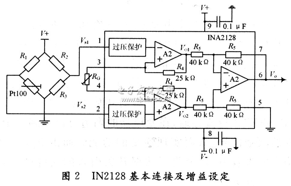 低频超声透皮仪设计方案,INA2128与PT100构成的前置放大电路,第3张