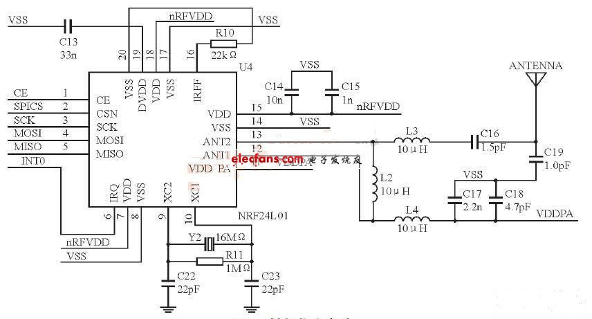 基于微处理器和射频收发芯片的近程无线数传系统设计,nRF24L01组成的射频收发电路,第4张