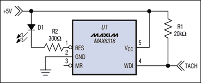 具有风扇失效指示的监控IC,图1. MAX6316 µP监控器监视风扇的转速计输出。,第2张
