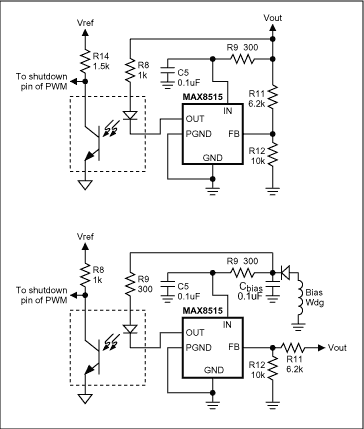 使用MAX8515并联稳压器输出电压感测应用的DC - DC,Figure 2. OVP circuit using MAX8515 powered from output voltage of DC-DC converter.,第3张