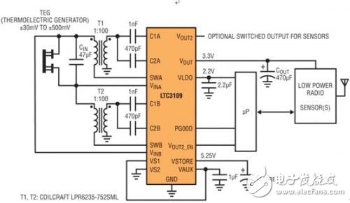 采用超低电压转换器改善从热电能源的能量收集,图2：针对单极输出 *** 作的LTC3109原理图,第3张