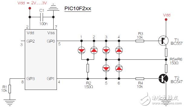 通过两个PIC引脚驱动六只LED灯,图1：测试选择PIC10F200，固件以两个独立、简单的汇编程序源代码的方式提供。,第2张