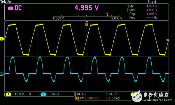使用集成示波器，执行五项常见调试任务,图6： 使用DVM监测DC输出电压。AC输入电压波形用黄色显示，电流波形用蓝色显示。,第7张