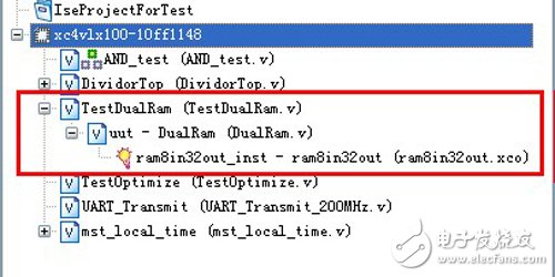 ISE中的Verilog Test Fixture类型的.v文件为啥在Implementation中显示？如何修改？,红框中的TestDualRam就是一个Verilog Test Fixture类型的.v文件,第2张