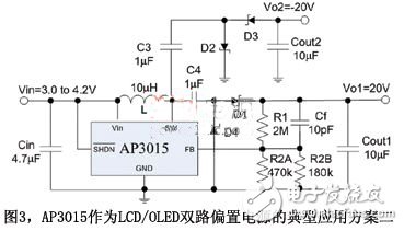 浅谈便携数码产品显示模块的电源设计与应用,图3AP3015作为LCD/OLED双路偏置电源的典型应用方案二,第4张