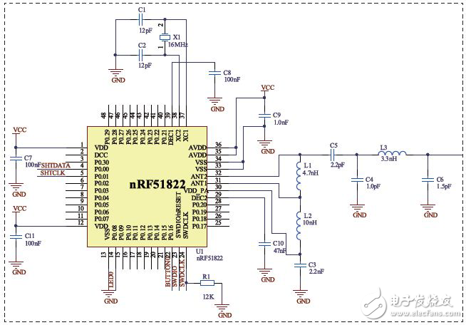 基于蓝牙BLE的温湿度传感器节点设计方案,图3 nRF51822电路图,第4张