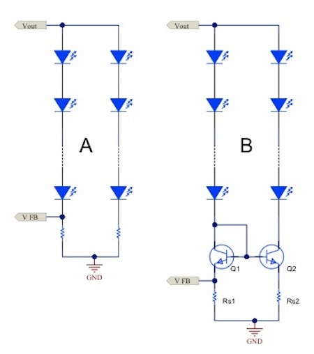 如何克服驱动并联 LED 串的难题,.电流镜 (B) 可针对简单电阻器电流调节 (A) 提供各种优势,第2张