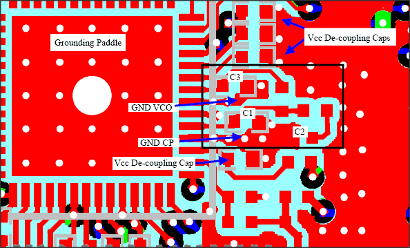 WiFi收发器的电源和接地设计,图6. MAX2827参考设计板上PLL滤波器元件布置和接地示例,第8张