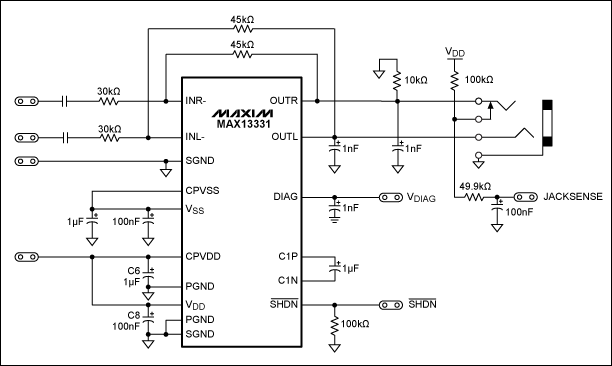 Add a Discrete Jack-Sensing Ci,Figure 2. Schematic diagram of MAX13331 with discrete jack-sensing circuit.,第3张