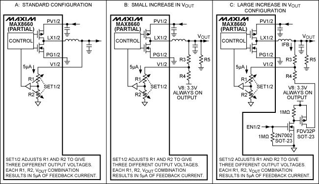 Adjusting the output voltages,Figure 2. Decreasing the output voltage of REG1 and 2.,第3张